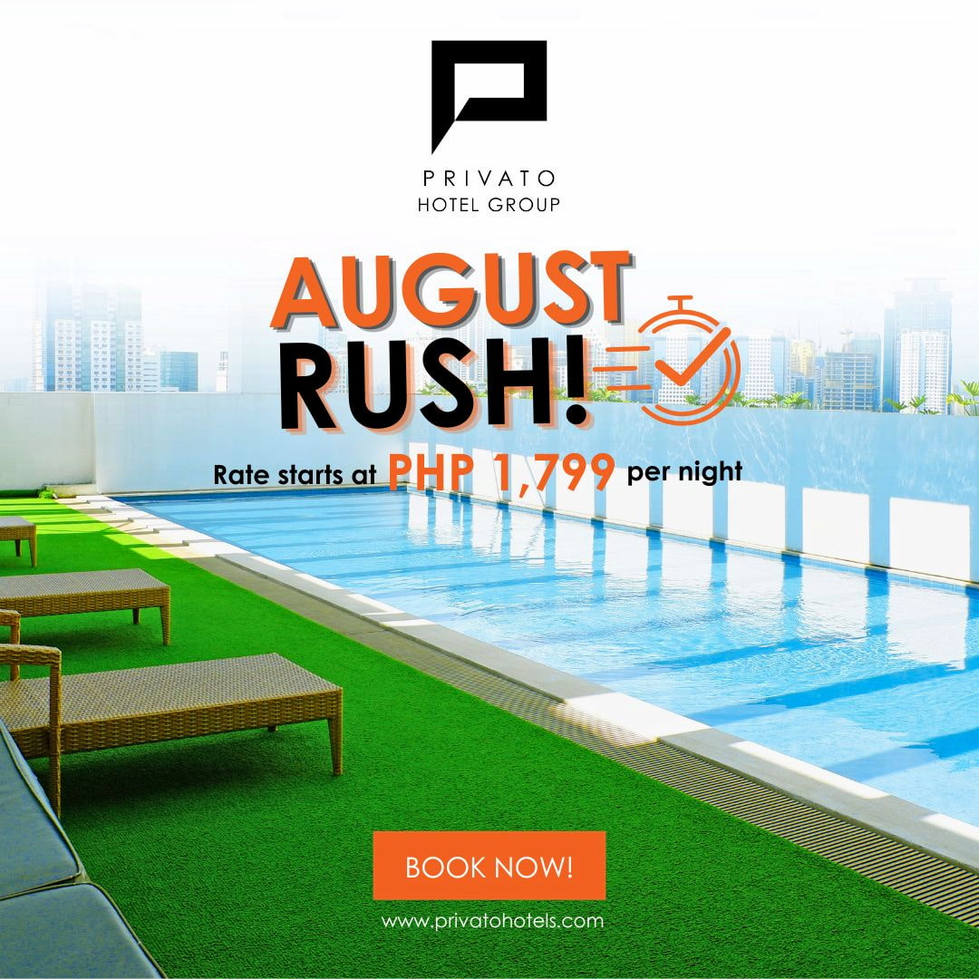 Privato Hotels August Rush promotion featuring an Executive Twin Room stay from ₱1,799 per night with a rooftop swimming pool.