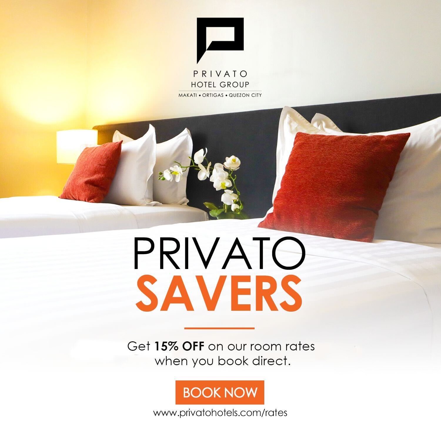 Privato Hotels August Rush promotion featuring an Executive Twin Room stay from ₱1,799 per night with a rooftop swimming pool.