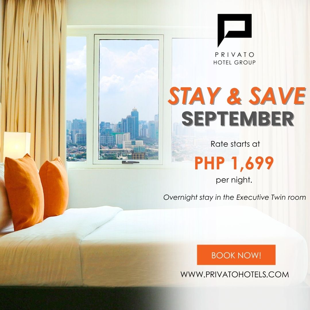 Privato Hotels August Rush promotion featuring an Executive Twin Room stay from ₱1,799 per night with a rooftop swimming pool.